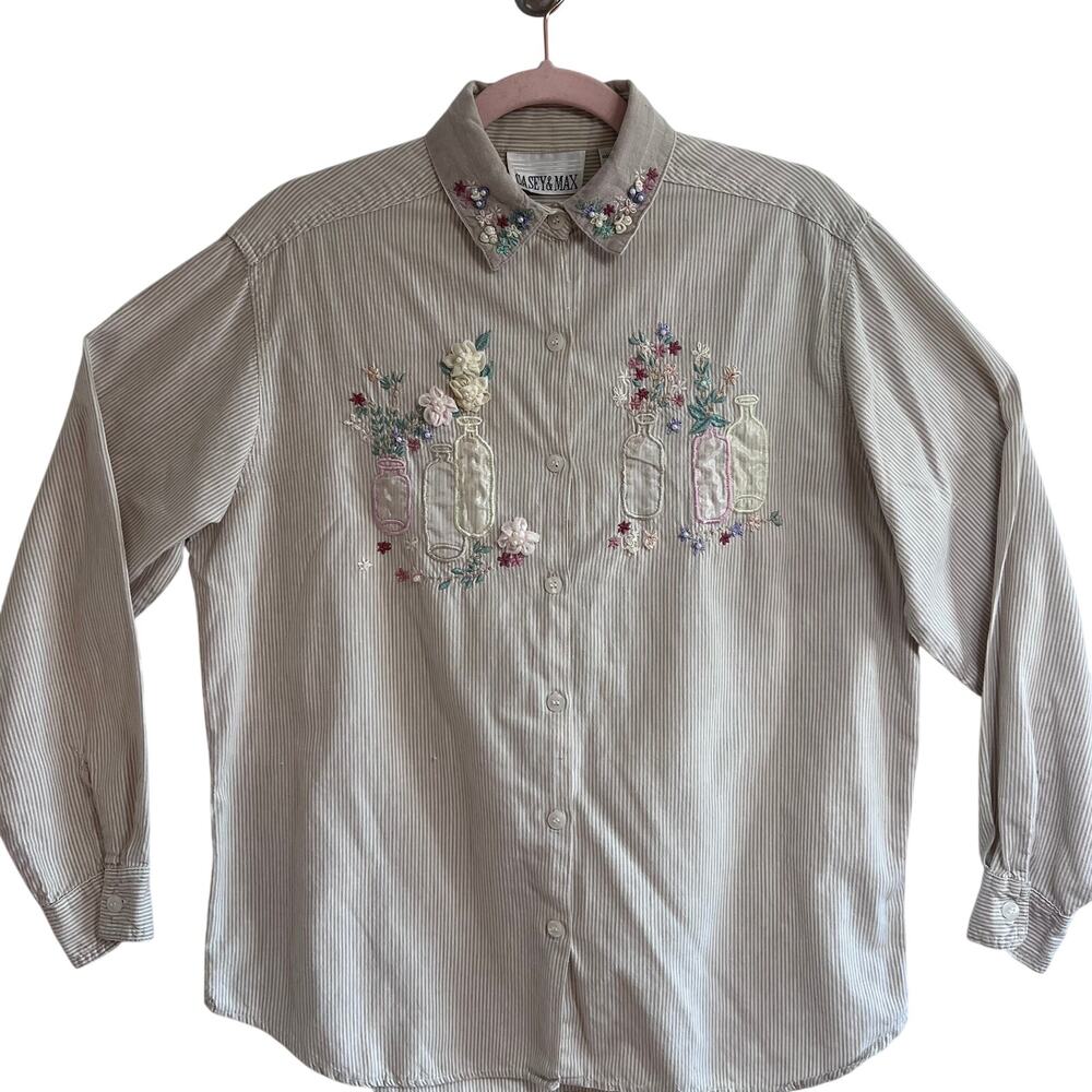 Casey & Max Embroidered Floral Bottle Appliqué Striped Cotton Shirt M Cottage